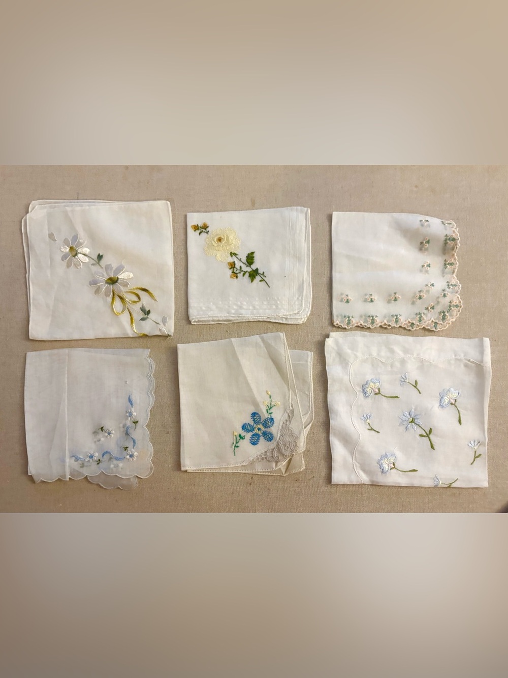 Set of 6 Beautiful Vintage White Embroidered Floral Handkerchiefs